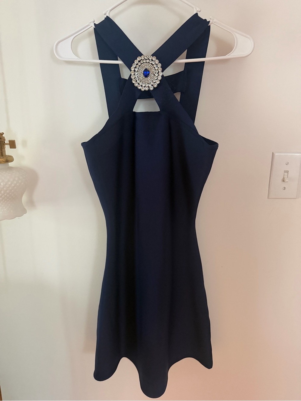Navy Crossback Jewel-Embellished Mini Dress -BodyCon